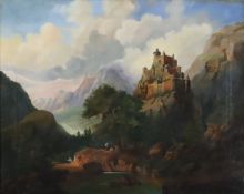 Landschaftsmaler (19.Jh.) - Malerische Gebirgslandschaft mit Burgansicht und Figurenstaffage am Flu
