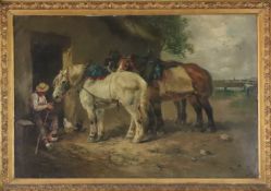 Schouten, Henri (1857/64-1927) - Bauernhof mit drei Pferden und rastendem Bauern vor dem Stalleinga