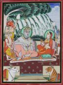 Indische Malerei - Shiva und Parvati auf einem Tigerfell sitzend, flankiert von Brahma, Ganesha, Ka