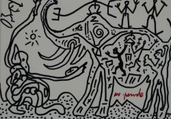 Penck, A. R. (1939 - 2017) - "Elefantenjagd", Multiple, handsignierte Postkarte, Serie E, Nr. 17016