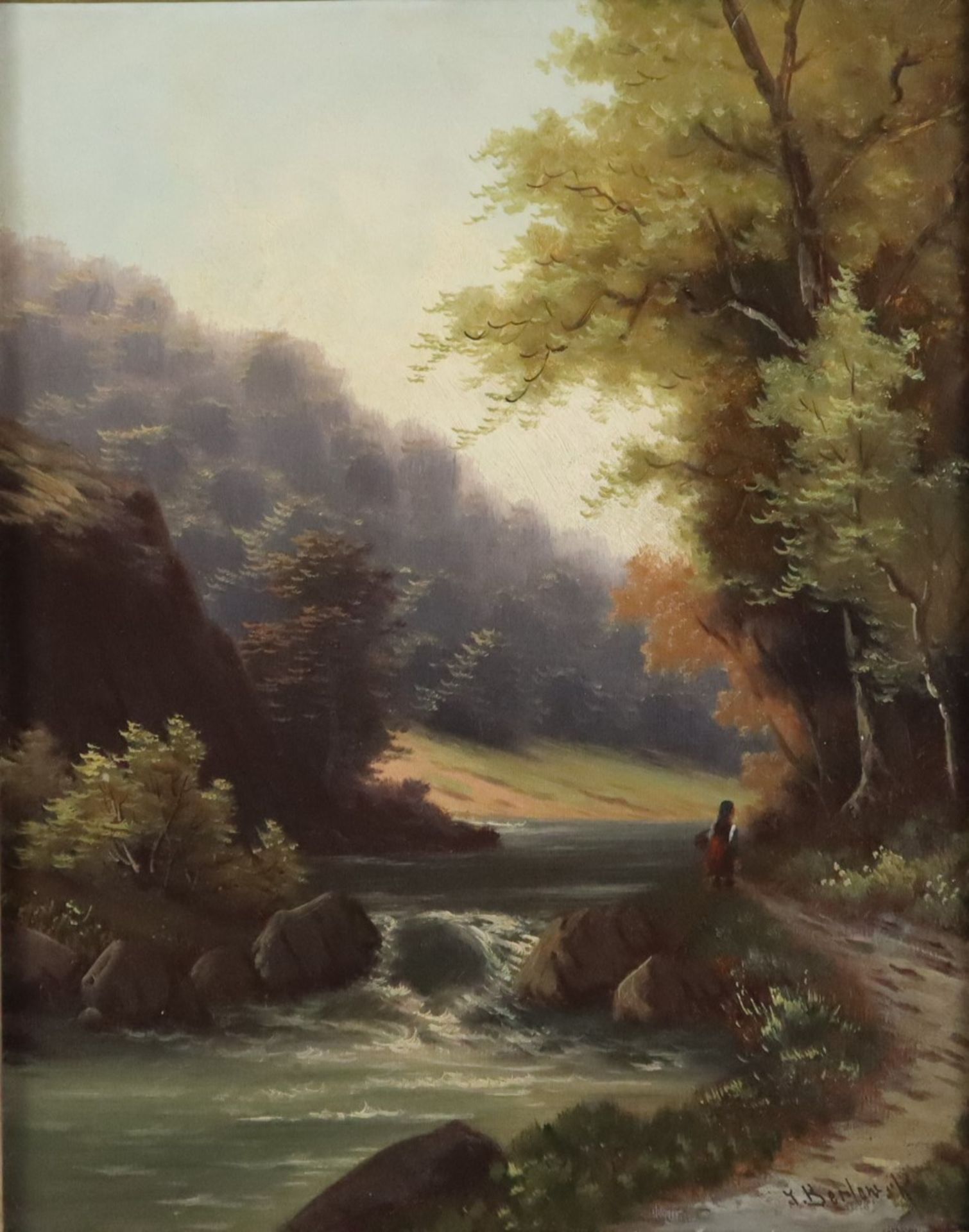 Berlowski, Josef (1868-?) - Waldlandschaft mit Flusslauf und Figurenstaffage, Öl auf Leinwand, unte