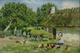 Thomas, V. -20.Jh.- Gehöft mit Bäuerin beim Füttern der Hühner, Öl auf Leinwand, rechts unten signi