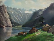 Schultze, Carl (1856 - Düsseldorf - 1926) - „Der Obersee am Königssee in Ober-Bayern". Öl auf Holz,