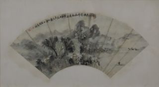 Chinesisches Fächerbild mit Flusslandschaft und Architekturstaffage - Tusche auf Papier, beschrifte