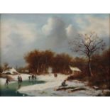 Jacobi, R. -2. Hälfte 20. Jh.- Winterlandschaft mit vereistem Bachlauf und Figurenstaffage, Öl auf