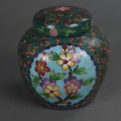 Gedeckelter kleiner Schultertopf - China, Porzellan polychrom bemalt in Cloisonné-Optik: große Chry