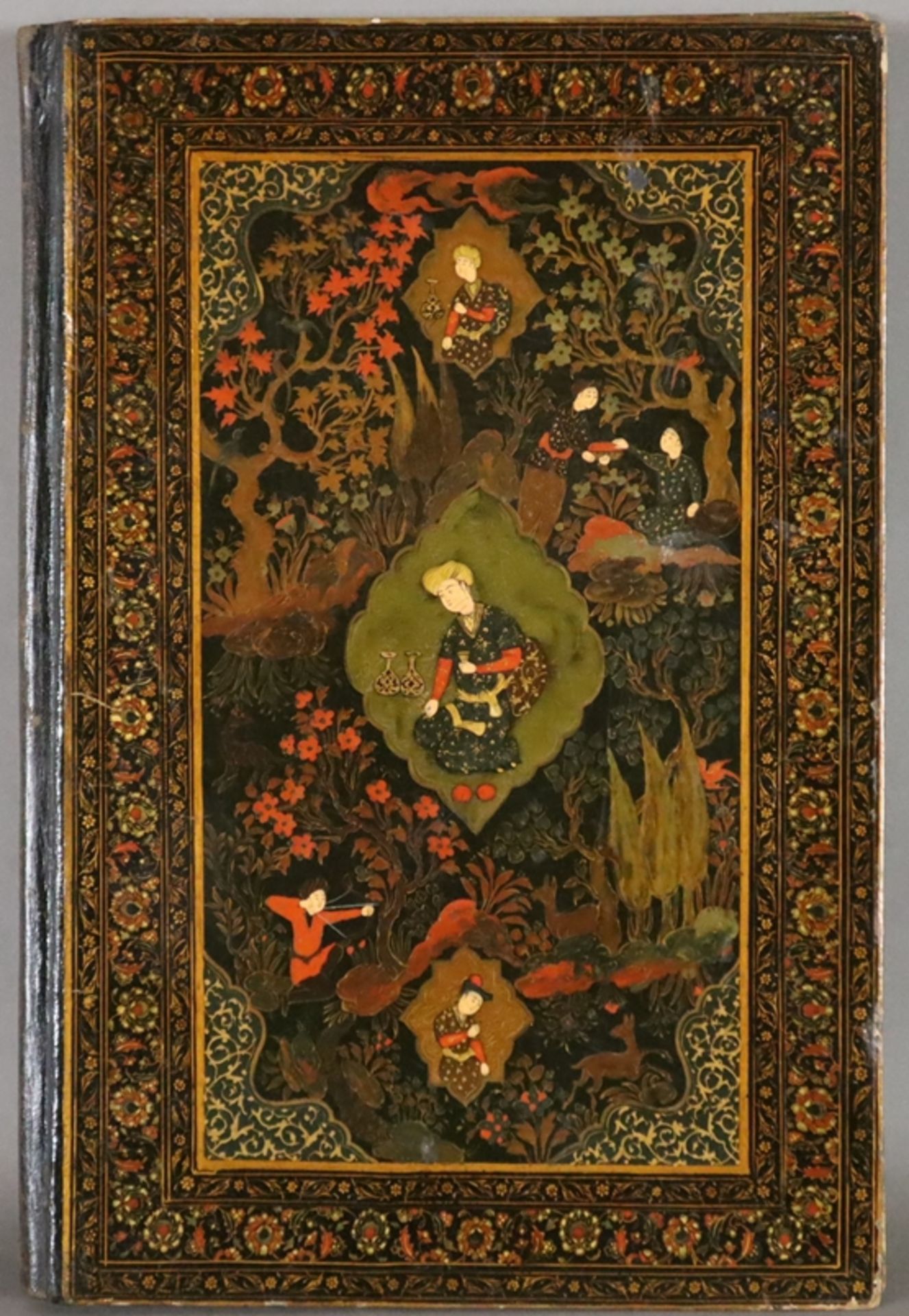 Paar Buchdeckel mit Lederrücken - Persien, Papiermaché, mit Lackfarben und Gold, Leder, allseits au - Bild 2 aus 11