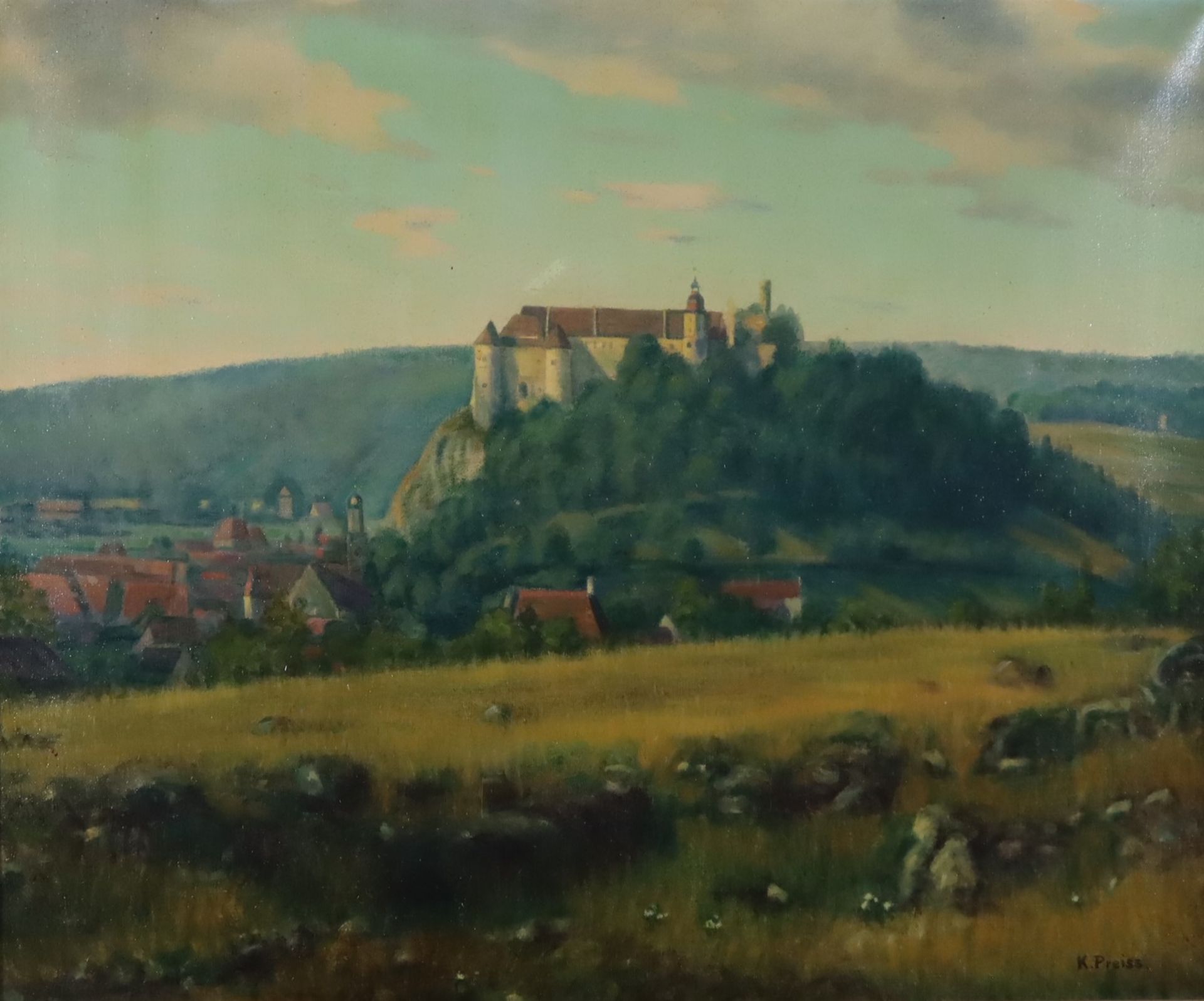 Preiss, Karl (1885 - 1960) - Hügellandschaft mit Festung, Öl auf Leinwand, unten rechts signiert "K