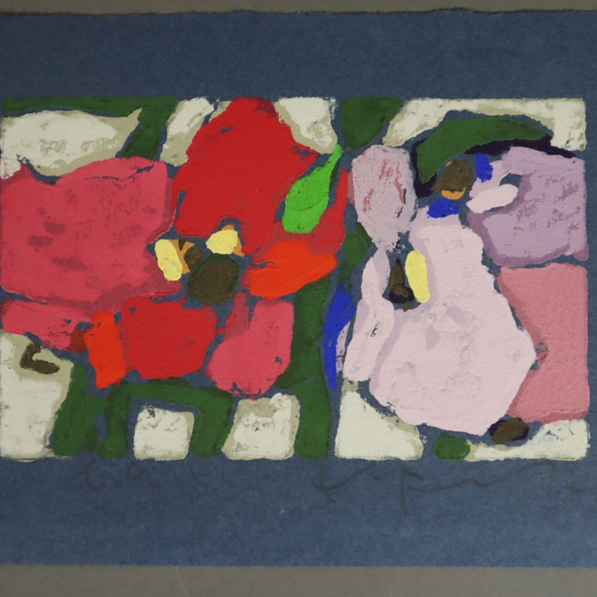 Fußmann, Klaus (*1938 Velbert) - Drei Blumenkompositionen, Farblinolschnitte auf blauem bzw. grünem - Bild 4 aus 6