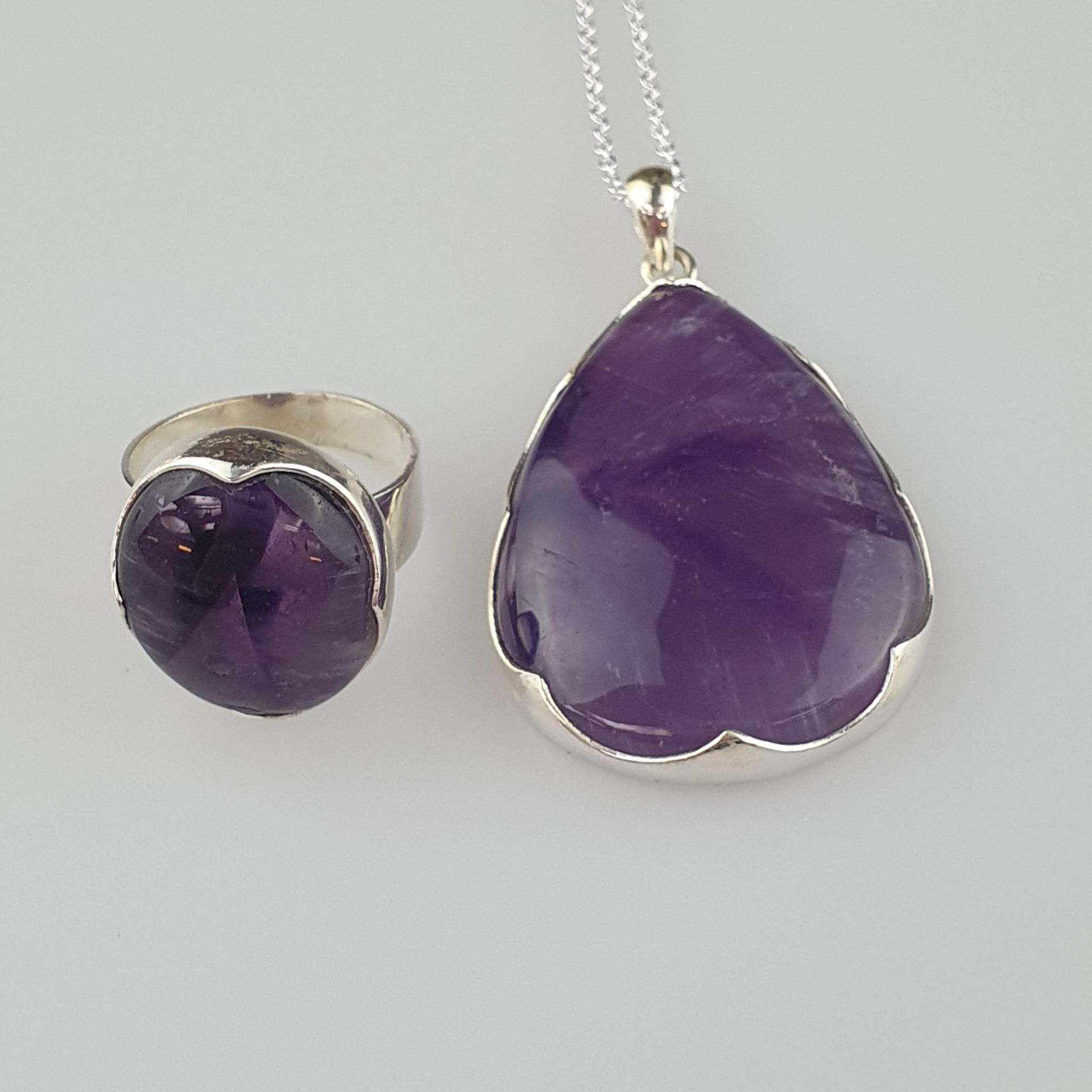 Amethyst-Ring und -Anhänger mit Kette - 925er Si | Amethyst Gemstone pendant with Matching ring in