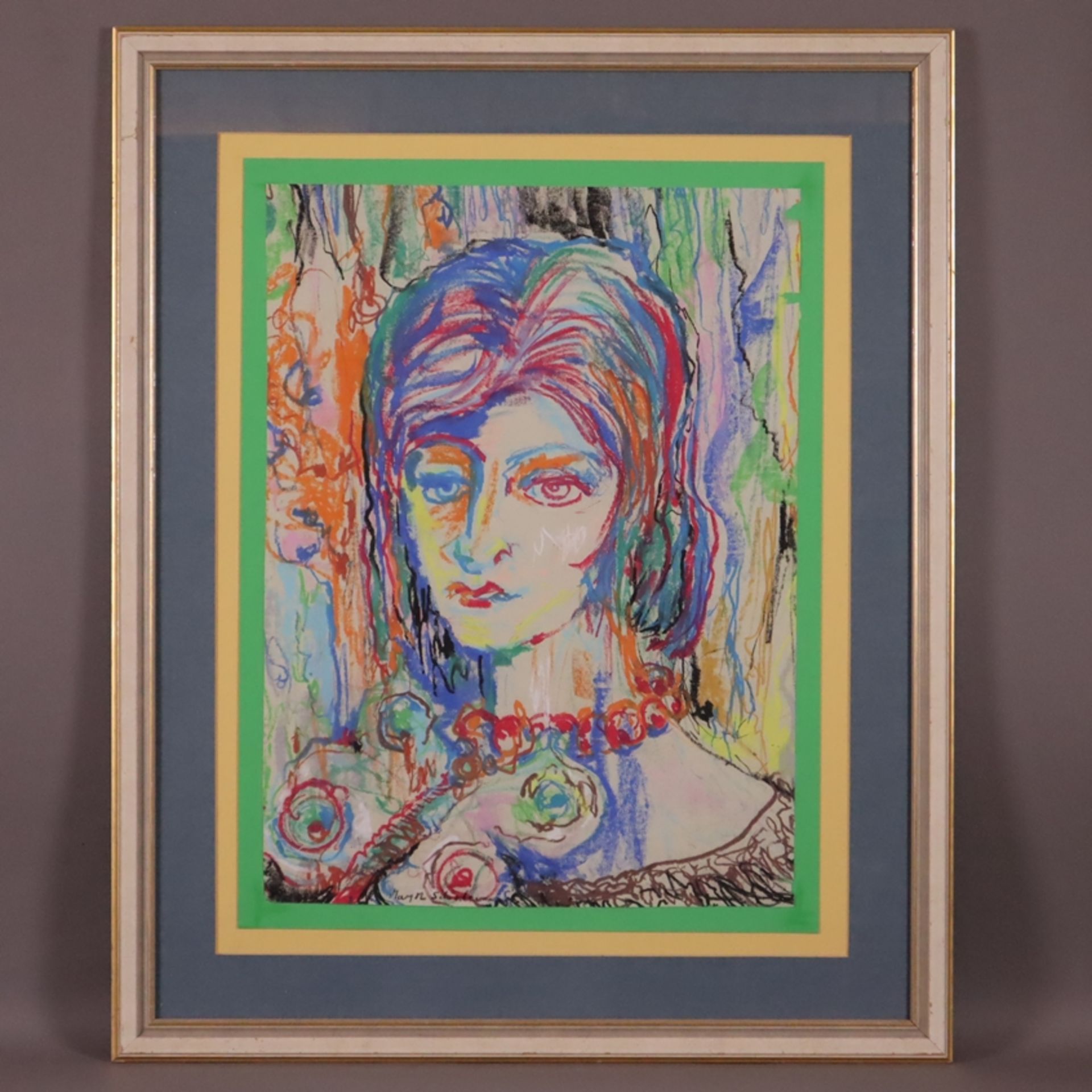Schirdewan-Brügmann, Margot -Bad Homburg- Farbenfrohes Frauenportrait mit Halskette, Pastellstifte - Image 8 of 8
