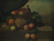 Unbekannter Künstler (19./20.Jh.) - Früchtestillleben mit kleinem Vogel vor einem Fenster mit Blick