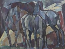 Maler/in im Stil der frühen Moderne -20.Jh.- Die blaue Pferdeherde, Öl auf Papier, unsigniert, kubi