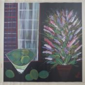 Chinesischer Künstler -20.Jh.- Obstschale und blühende Pflanze am Fenster, Ölfarbe auf schwarzem Pa