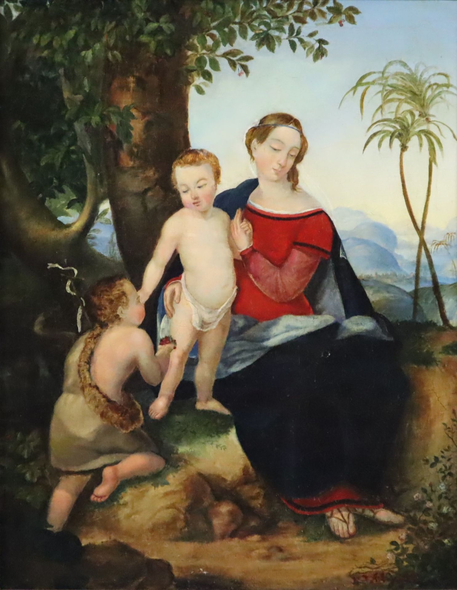 Schmidt, K.J. -19.Jh.- Maria mit dem Jesusknaben und Johannes dem Täufer vor einem mit ‚Sfumato‘ in