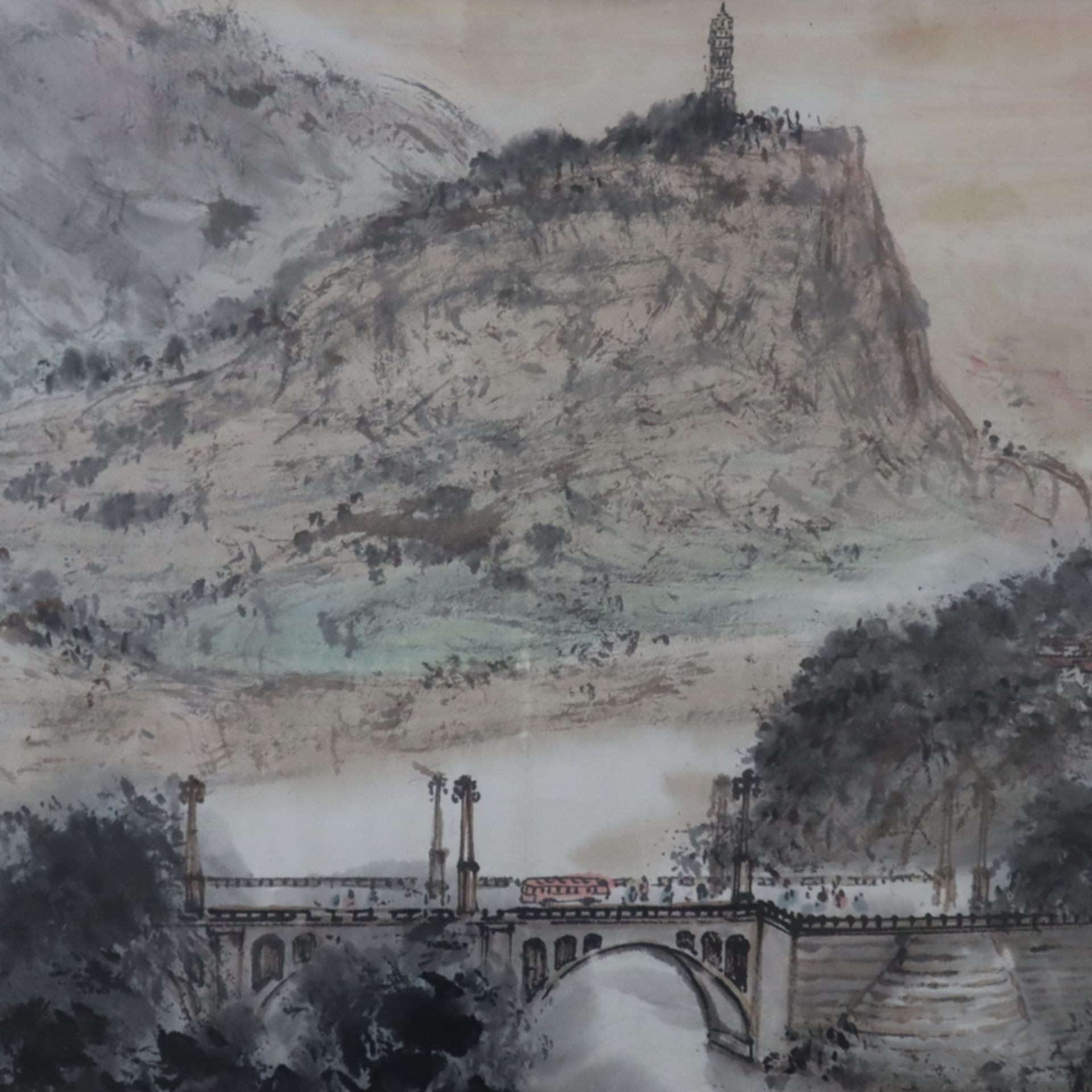 Chinesisches Rollbild - Siegel Guan Shanyue (1912-2000)- Bergige Landschaft mit Stadtansicht, Tusch - Bild 3 aus 13