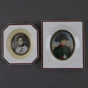 Zwei Elfenbeinminiaturen - Temperamalerei auf Elfenbein, jeweils ovales Porträt, 1x Napoléon Bonapa