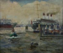 Marinemaler/in -1.Hälfte 20.Jh. (nach 1927) - Hamburger Hafenszene mit dem Luxusdampfer „Cap Ancona