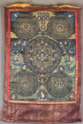 Fünf-Mandala-Thangka - Tibet 20. Jh., polychrome Pigmente und Gold auf Leinen, der schwarzgrundige 