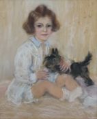 Lehr, Karla (1877 Celle - 1958 München) - Mädchen mit schwarzem Scottish Terrier, Pastellzeichnung,
