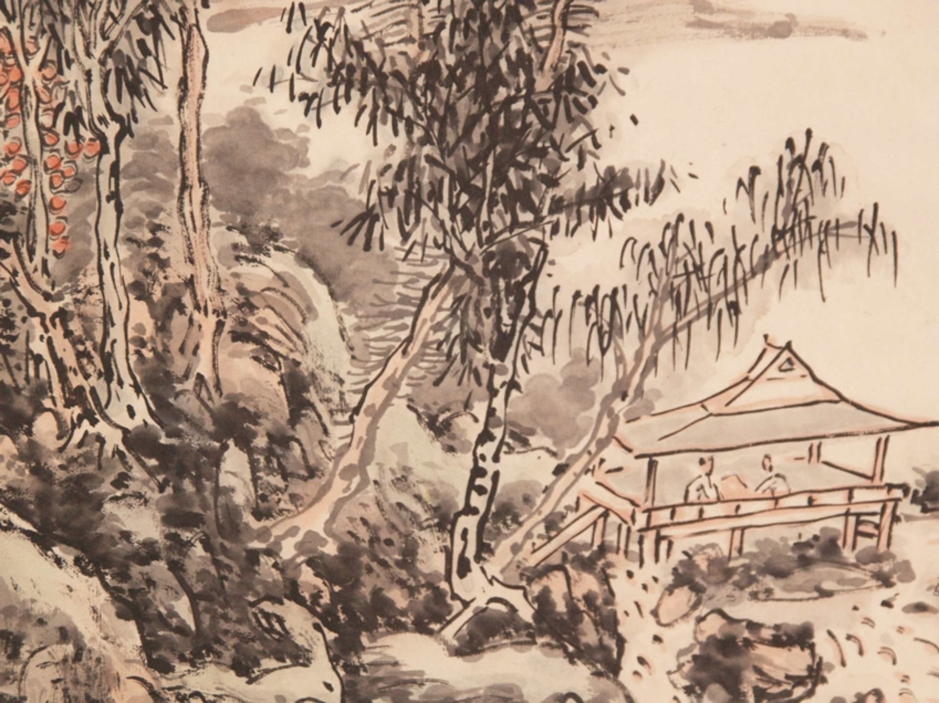 Rollbild - China 20.Jh., Tusche und Farben auf Papier, Hochaufragende Berglandschaft mit rot blühen - Bild 9 aus 10