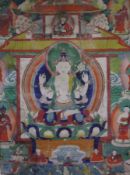 Thangka des Shadakshari Lokeshvara - Gouache auf Leinwand, der Bodhisattva mittig thronend auf loto