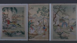 Drei Seidenbilder - China 20.Jh., Tusche und leichte Farben auf Seide, auf festerem Papier aufgezog