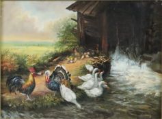 Cerne, A. - 20.Jh.- Federvieh an der Wassermühle, Öl auf Holz, rechts unten signiert, ca.29 x 39 cm