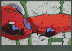 Fußmann, Klaus (*1938 Velbert) - "Mohn", 2018, Farblinolschnitt auf grünem Papier, unten rechts mon