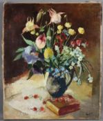 Bode, Adolf (1904-Offenbach-1970) - Tischstillleben mit Blumenstrauß und Buch, Öl auf Leinwand, unt