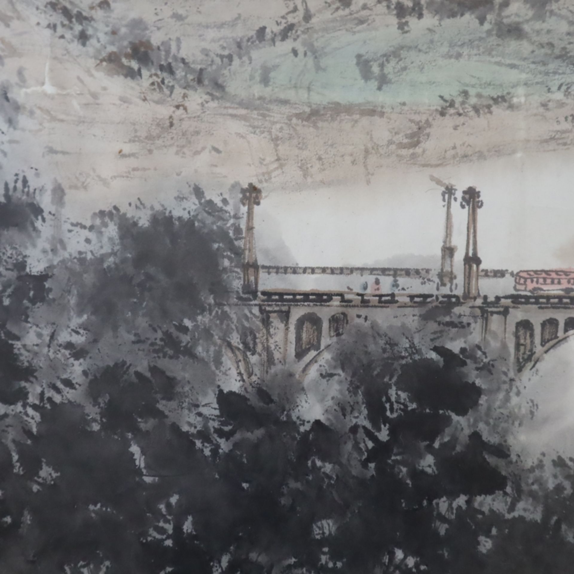 Chinesisches Rollbild - Siegel Guan Shanyue (1912-2000)- Bergige Landschaft mit Stadtansicht, Tusch - Bild 5 aus 13