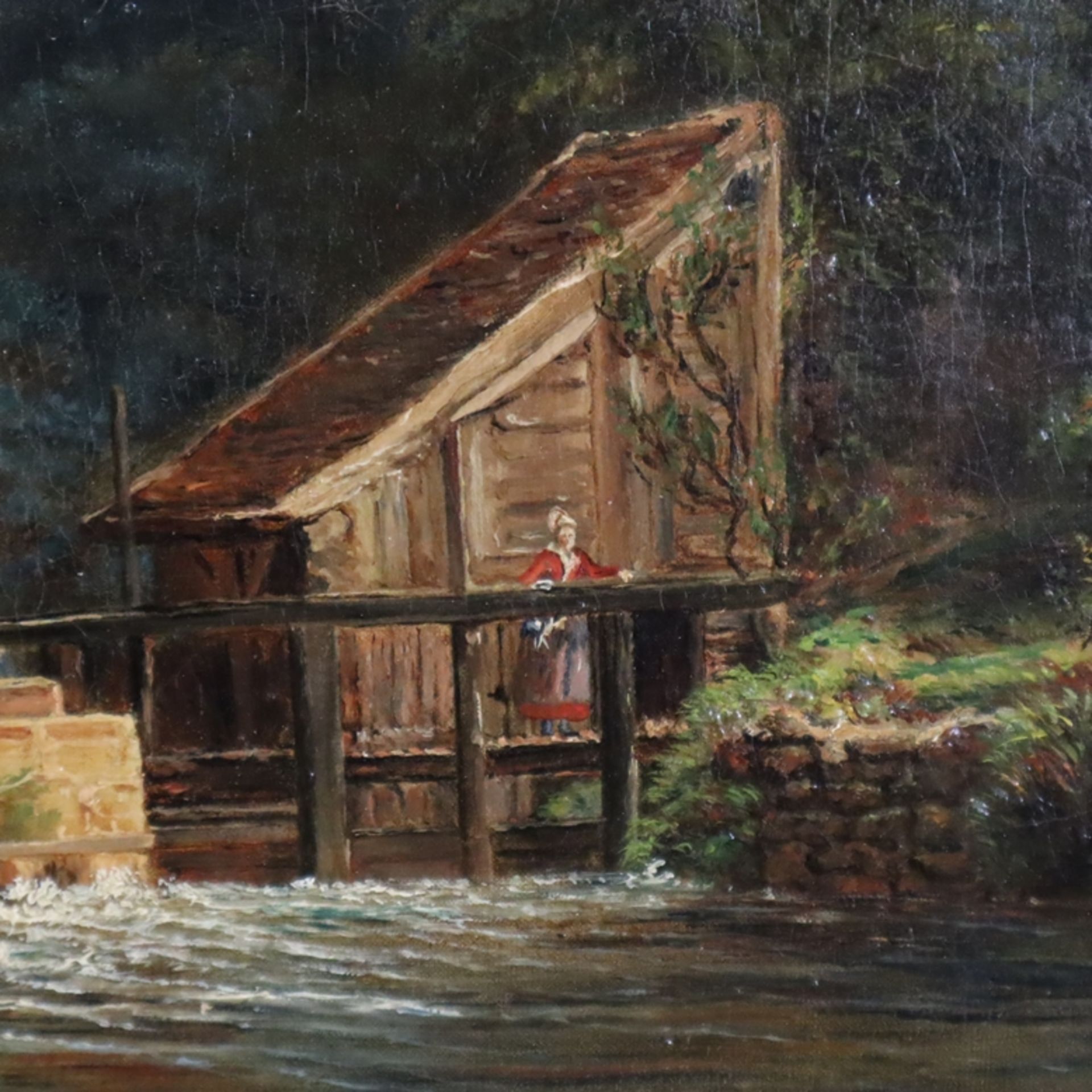 Unidentifizierte(r) Künstler/in - deutsch um 1900- Gasthof mit Wassermühle und Figurenstaffage, Öl  - Bild 6 aus 13