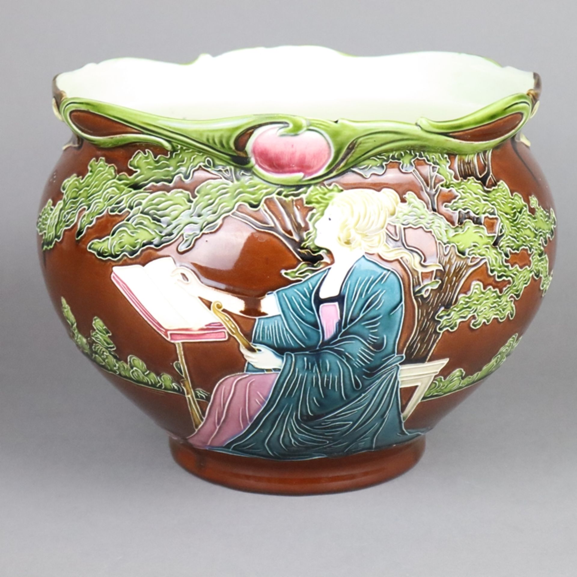 Jugendstil-Cachepot - Julius Dressler, Biela bei Bodenbach, um 1900, Keramik, braun glasiert, polyc