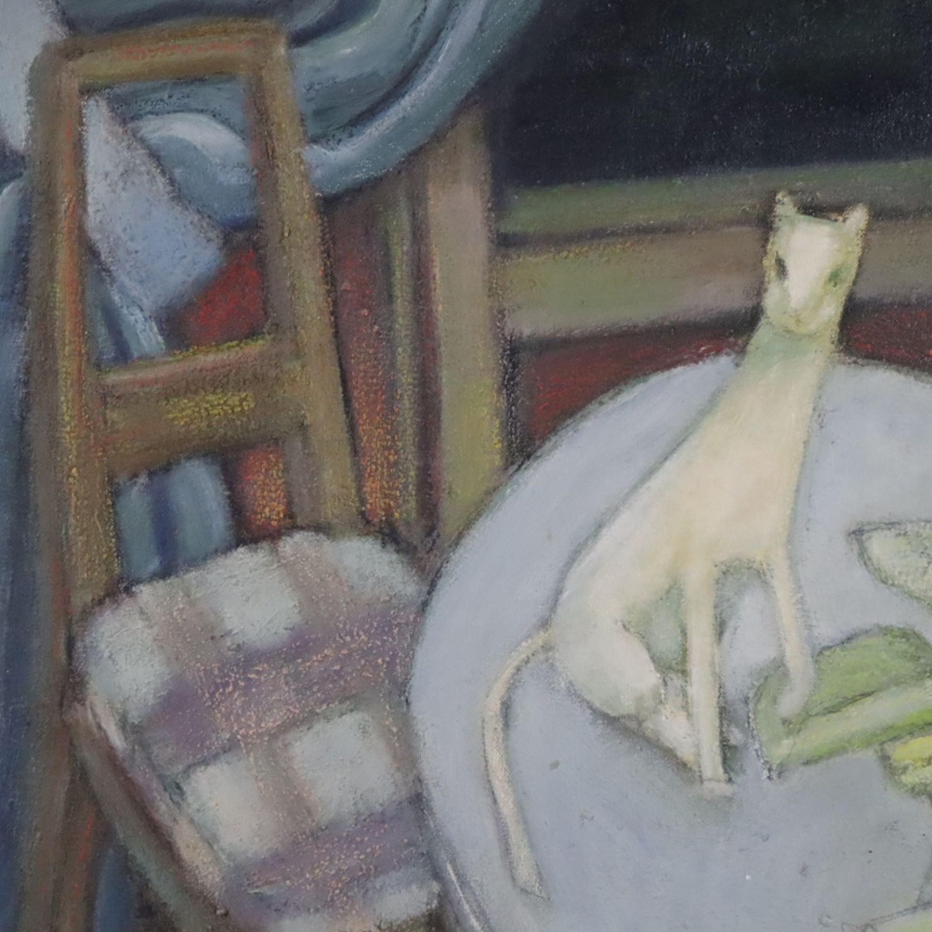 Unbekannter Expressionist (um 1930) - Interieur mit weißer Katze, Öl auf Leinwand, unsigniert, ca.8 - Bild 5 aus 7