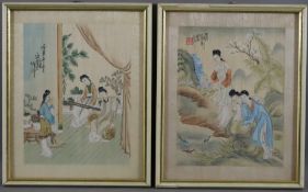 Zwei Seidenmalereien - China, jeweils drei junge Damen am Fischteich bzw. beim Musizieren, Tusche u