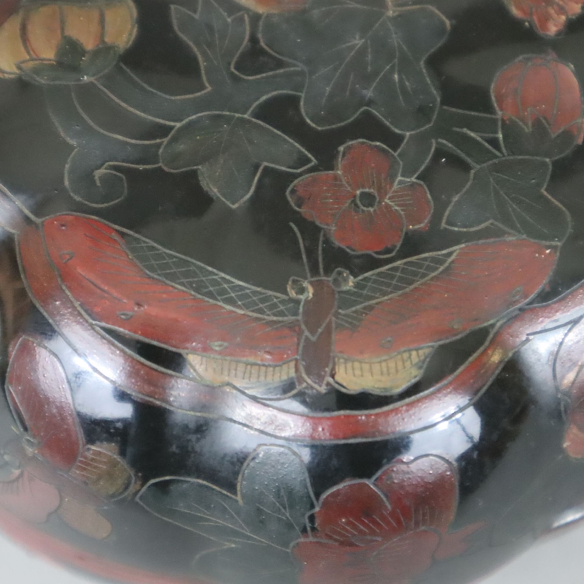 Lackdose - Kürbisform mit Stülpdeckel, schwarzer und roter Lack auf Pappmaché, graviert und bemalt, - Bild 3 aus 8