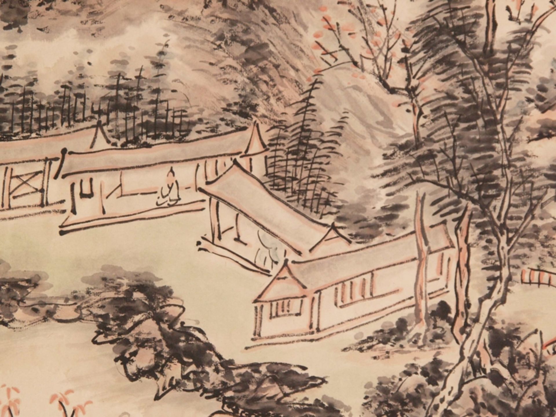 Rollbild - China 20.Jh., Tusche und Farben auf Papier, Hochaufragende Berglandschaft mit rot blühen - Bild 8 aus 10
