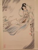 Rollbild - China 20.Jh., Tusche und Farben auf Papier, Mondgöttin Chang'e mit dem Jadekaninchen, na