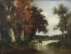 Kaufmann, Adolf (1848-1916, österreichischer Landschafts- und Marinemaler) - Pferdetränke im Herbst