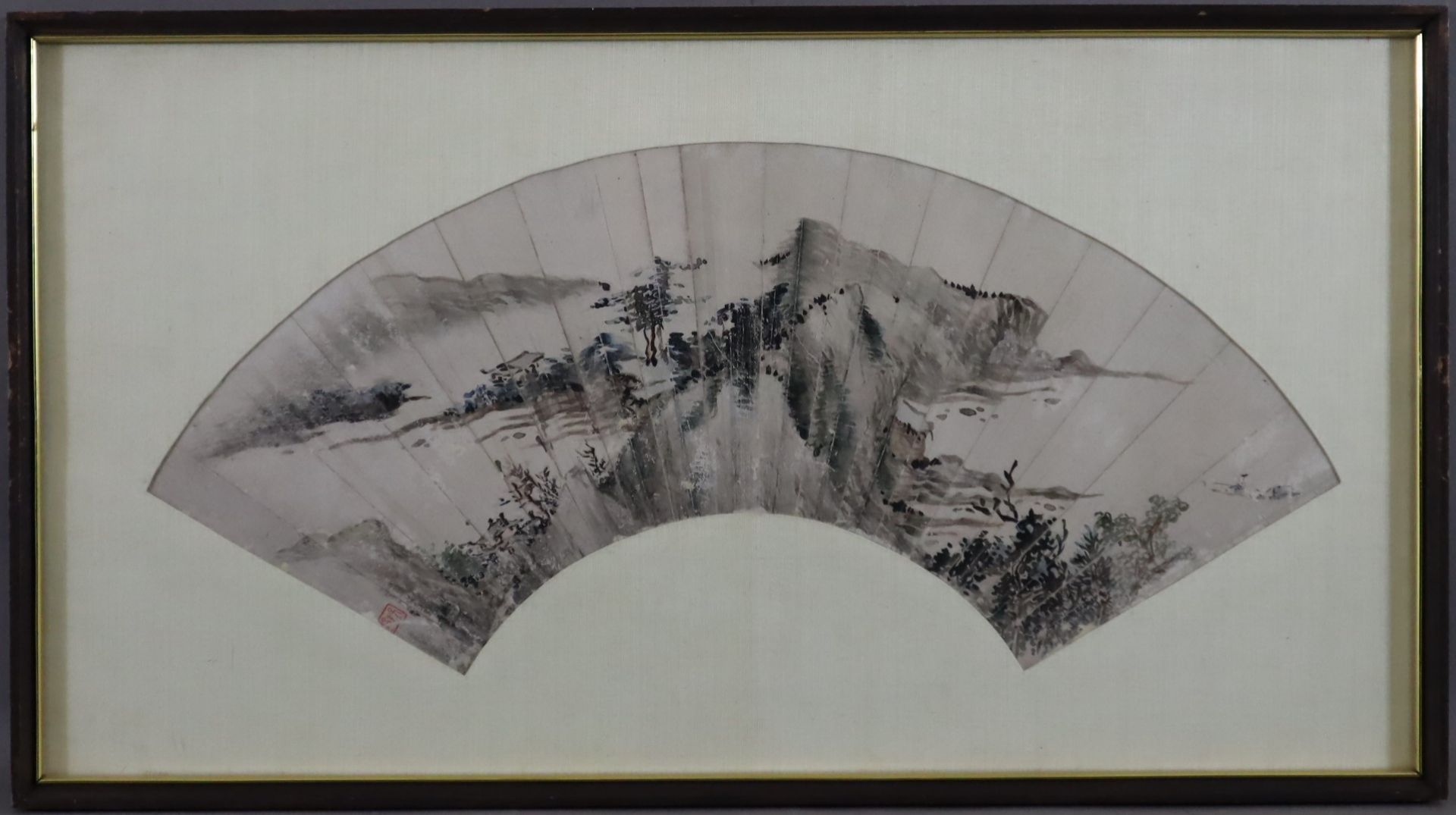 Chinesisches Fächerbild - Flusslandschaft mit Pavillon, Fächerblatt, Tusche auf Papier, gesiegelt,