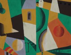 Unbekannter Künstler (20.Jh.) - Abstraktes Stadtbild in kubistischem Stil, Gouache auf Papier, unsi