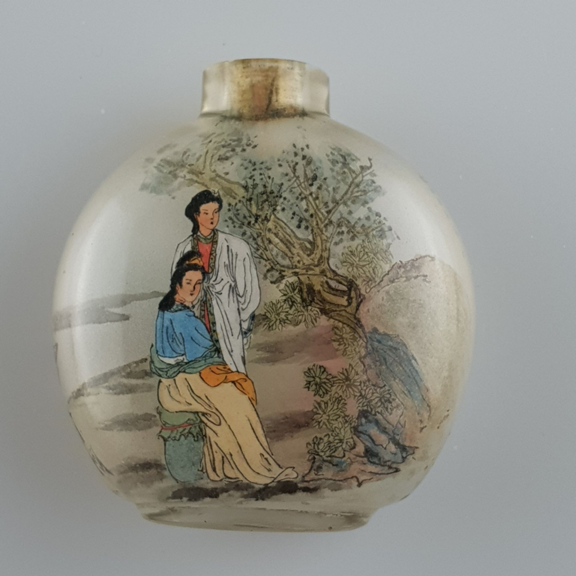 Snuffbottle mit Innenmalerei - China 20.Jh., innen mattiertes Glas, mondflaschenförmig, innen beids - Bild 4 aus 5