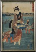 Japanischer Farbholzschnitt - Utagawa Hiroshige II (1829 -1869) - Frauen an der Küste, die Muscheln