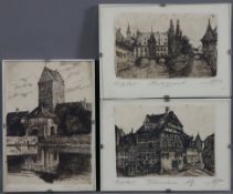 Drei Ansichten von Nürnberg/Dinkelsbühl - 1x Dürerhaus in Nürnberg, 1x Heilig-Geist-Spital in Nürnb