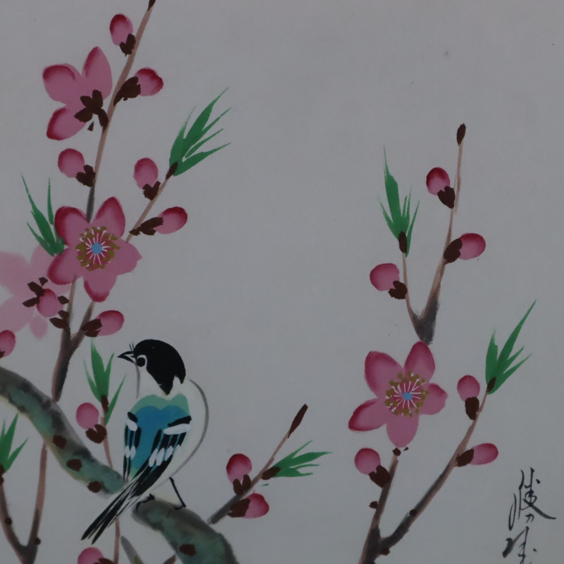 Chinesischer Künstler 20.Jh. - Blühende Baumzweige mit Singvogel, Aquarell- und Deckfarben auf Papi - Image 3 of 4