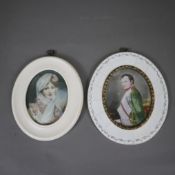 Zwei Elfenbeinminiaturen - Temperamalerei auf Elfenbein, jeweils ovales Porträt, 1x Napoléon Bonapa