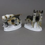 Zwei Hunde-Figurengruppen - Carl Scheidig, Gräfenthal, Porzellan, farbig bemalt, 1x Paar Schäferhun