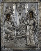 Ikone - Jesus und die Samariterin am Jakobsbrunnen, 20.Jh., Silberoklad gestempelt 999, unten in Gr