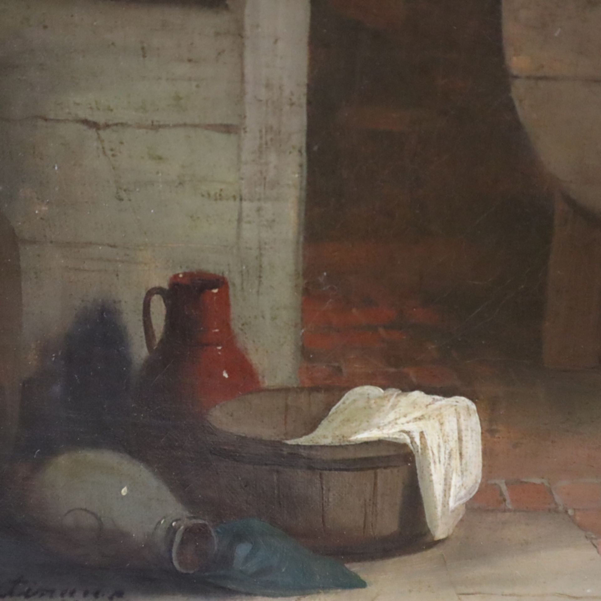 Genremaler 19.Jh. - Plauderei in der Spülküche einer Wirtsstube, Öl auf Leinwand, links unten schwe - Image 7 of 12