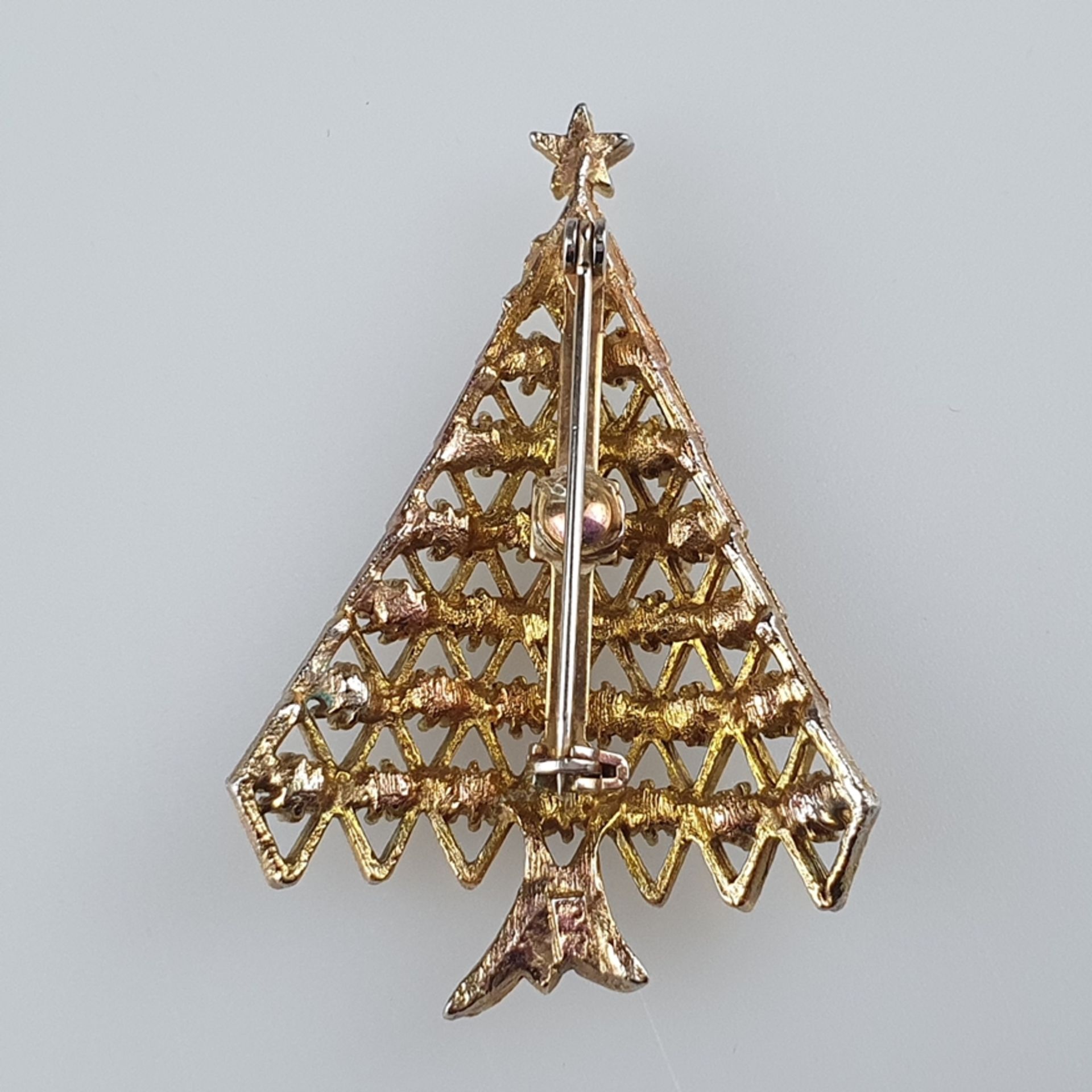 Vintage-"Christmas"-Brosche - Jonette Jewelry/USA, Weihnachtsbaum, goldfarbenes Metall, Besatz mit  - Bild 5 aus 5